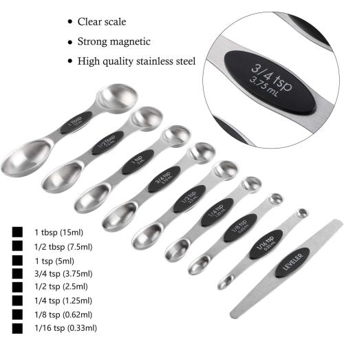 Magnetic Measuring Cups and Spoons Set Including 7 Stainless Steel Stackable Measuring Cup 8 Double Sided Magnetic Measuring Spoons with 1 Leveler for Dry and Liquid Ingredients (black)