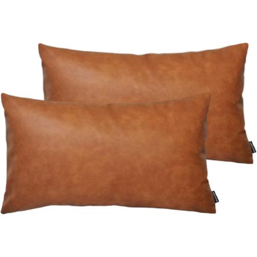 Size 12x20 Color Brown Set of 2 Thick Faux Leather Lumbar Throw Pillow Covers 12x20, Modern Farmhouse Boho Small Long Accent Scandinavian Decor Rectangle Decorative Cushion Cases for Couch Bed Sofa Cognac Brown