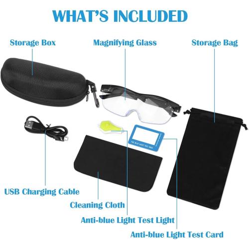 Magnifying Glasses with Light, 200% Magnification, USB Rechargeable LED Lighted Magnifying Glass, Anti Blue Light, Hands Free Head Magnifier Eyeglasses for Close Work, Hobbies, Reading, Craft（Black）