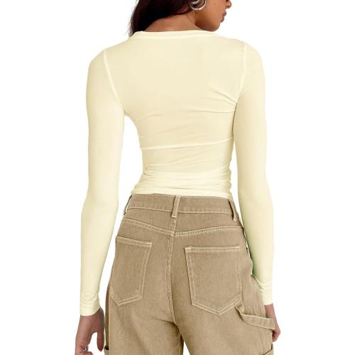Size S SABLIER Women's Long Sleeve Shirts Spring 2025 Casual Basic Going Out Crop Tops Slim Fit Tight Y2K Clothes
