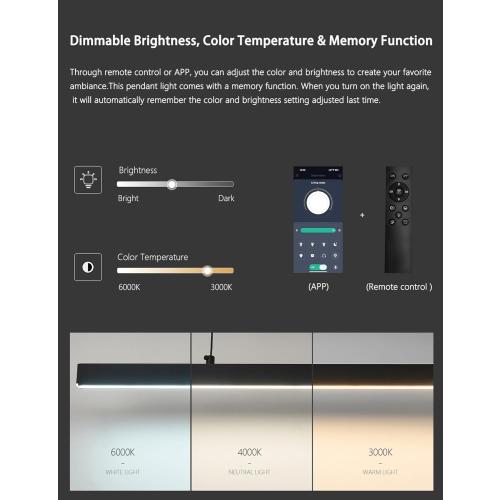 Size 59 Modern Black Linear Pendant Lights Kitchen Island Lighting Minimalist Led Chandeliers Pool Table Light Dimmable Ceiling Hanging Light Fixture Dining Room with Remote Control (59in)