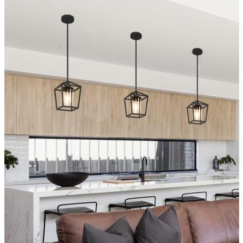 1 Pack Black Pendant Light Fixture Farmhouse Iron Cage Metal Pendant Light Lantern Hanging Light Fixtures with Clear Glass Shade for Kitchen Island, Dining Room, Hallway,Entryway1