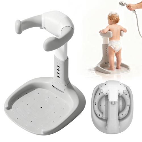 4our Kiddies Foldable Baby Shower Standing Support for Toddlers & Infants 8-36 Months, No Setup Anti-Slip Bath Stand Holder, Adjustable Height, Portable Travel & Storage, Easy Clean, Grey