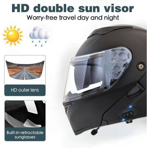 Color Black Motorcycle Bluetooth Modular Helmet, DOT Approved Flip Up Full Face Motorcycle Dual Visor Helmet, with Dual Speakers and Microphone, for Adults Men and Women