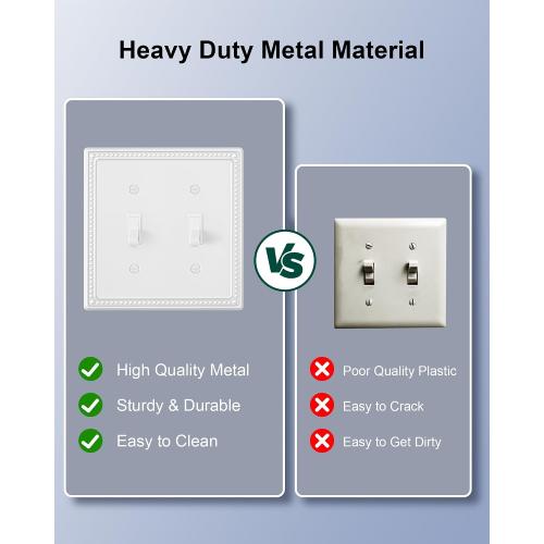 2-Pack Double Toggle Light Switch Cover Plate, Pearls Decorative Dual Switch Plate Covers, Pure White 2 Gang Metal Wall Plate, Corrosion Resistant