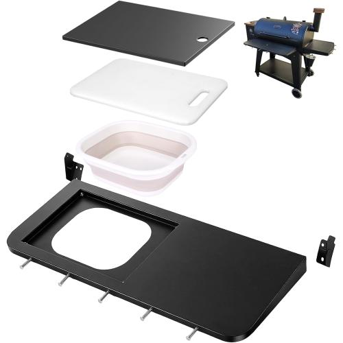Utheer Upgraded Folding Front Shelf for Pit Boss Austin XL 1000 & Savannah 1500 Pellet Grills, 29.5 × 13.7 Heavy-Duty BBQ Prep Table with Cutting Board, Foldable Basin, Lid & 5 Hooks, 60-LB Load