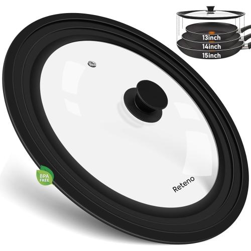 13-14-15in Universal Lid for Pots,Pans,Skillets,Large Replacement Frying Pan Cover,Big Cookware Lids,Tempered Glass with Heat Resistant Silicone Rim,Knob, BPA Free,Dishwasher Safe