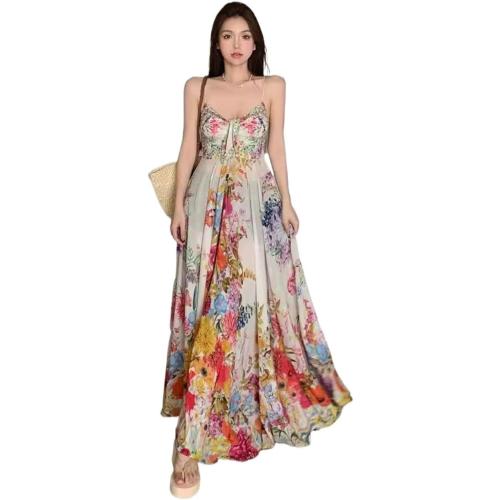 Women's Floral Maxi Dress with Suspenders, Bohemian Flowing Maxi Dress
