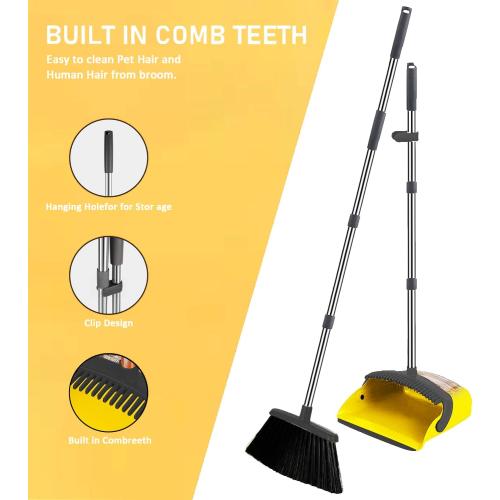 2 Pack is More economical，Brooms with Dustpan Combo Set，with 52 Long Handle, Dustpan Teeth with self-Cleaning Function, Indoor and Outdoor Sweeping, Perfect for Home Office (Large/Yellow /2-Pack)