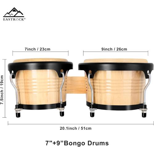 EASTROCK Bongo Drums 7” and 9” Set for Adults Beginners Professionals Tunable Wood and Metal Drum Percussion Instruments with Tuning Wrench(7” 9” Bongos)