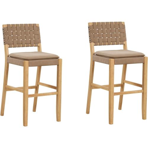 Nathan James Cohen Mid-Century Modern 29 in. Wood Bar Stool, Upholstered Faux Leather Bar Height Stool with Solid Wood Frame, Natural Brown, Set of 2