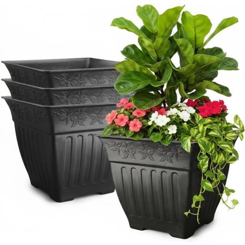 BTPLASTIK 18 inch Large Square Planter for Plants - 4 Pack Decorative Black Plastic Flower Pots with Drainage Holes & Raised Base, 14 Gallon Vintage Garden Pot for Outdoor, Patio, Porch (15 Tall)