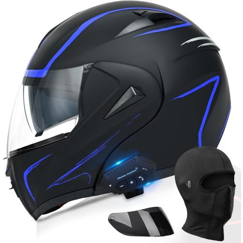 Black & Purple Motorcycle Bluetooth Modular Helmet, DOT Approved Dual Visor Full Face Flip Up Bluetooth Integrated Motorcycle Helmet for Adults Men and Women