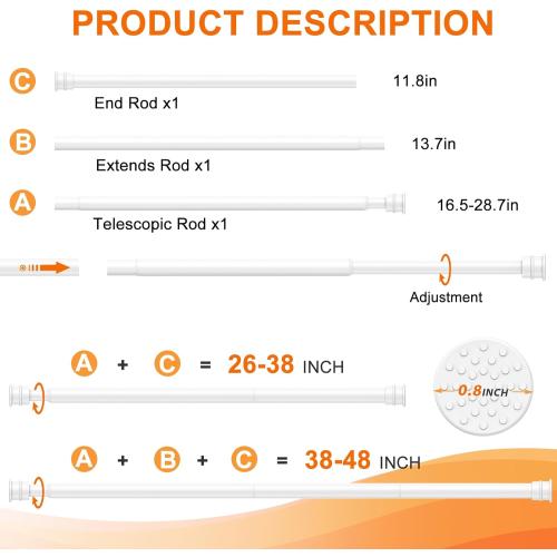 Tension Curtain Rod 26 to 48 Inch Adjustable Tension Rods 6 Pack Expandable Spring Tension Rod White No Drilling for Closet Kitchen Cupboard Wardrobe Door Bookshelf DIY Projects