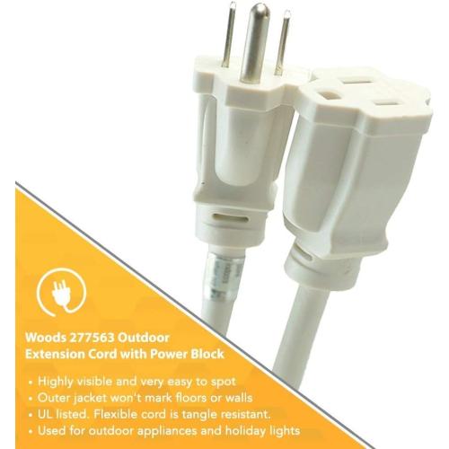 Woods 277563 Outdoor Extension Power Block; Weatherproof with Reinforced Blades; Heavy Duty Vinyl Jacket; Durable Cord; Tangle Free; 8-Foot; White