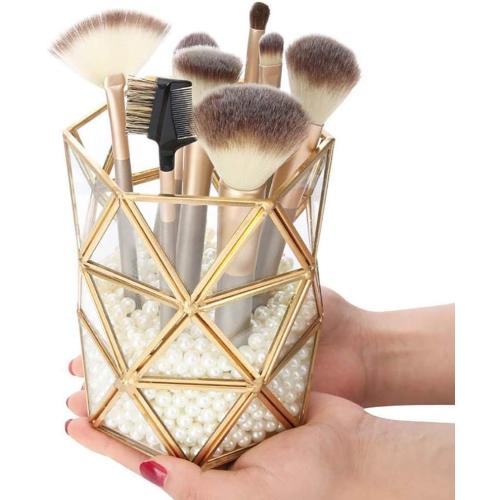 Clear Glass Makeup Brush Holder Vintage Jewelry Organizer Metal Handmade Art Crafts Pearls Not Included (Brass)