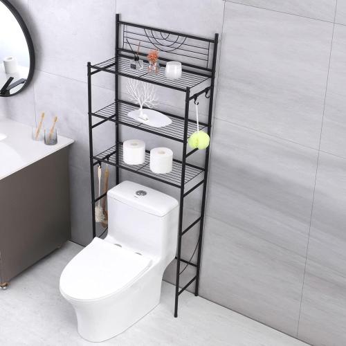 3-Tier Bathroom Over The Toilet Storage Rack Free Standing Metal Frame Shelf Organizer, with 4-Hooks, Black