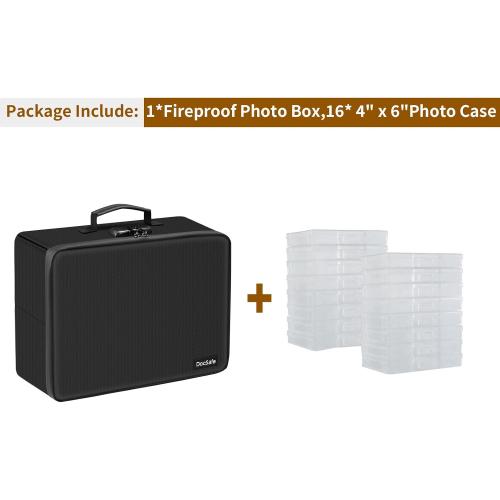 Photo Storage Box with Lock,DocSafe Fireproof Photo Organizer Box with 16 Inner 4 x 6 Photo Case(Clear),Collapsible Portable Photo Filing Safe Storage with Water-Resistant Zipper for Photos,Picture