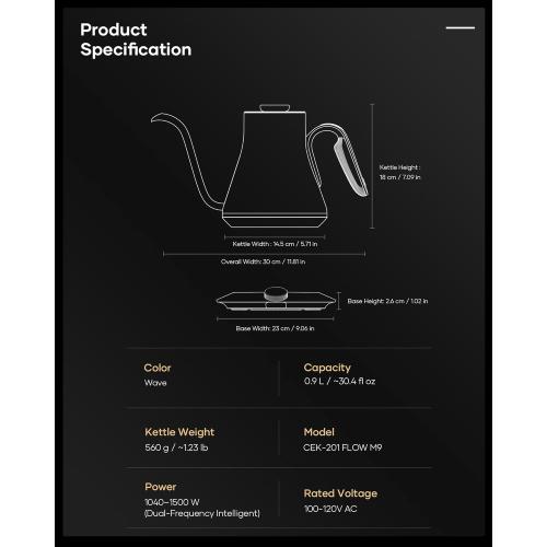 Cocinare FLOW M9 Electric Gooseneck Kettle, ±1℉ Temperature Control for Pour-over Coffee & Tea, Stainless Steel Interior, Quick Heating for Boiling Water (Wave)