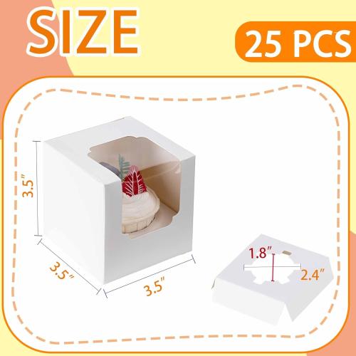 BOOMIBOO 25 Pack Individual Cupcake Containers, Cupcake Boxes with Window, Food Grade Cupcake Holders with Inserts, Stackable Deep Cupcake Carrier Easy Transport and Presentation (White)