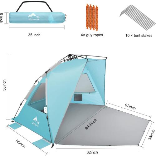 Oileus XX-Large Pop Up Beach Tent Sun Shelter for 5-6 Person Portable Sun Shade Instant Tent for Beach with Carrying Bag, Stakes, 6 Sand Pockets, Anti UV for Fishing Hiking Camping Sky Blue