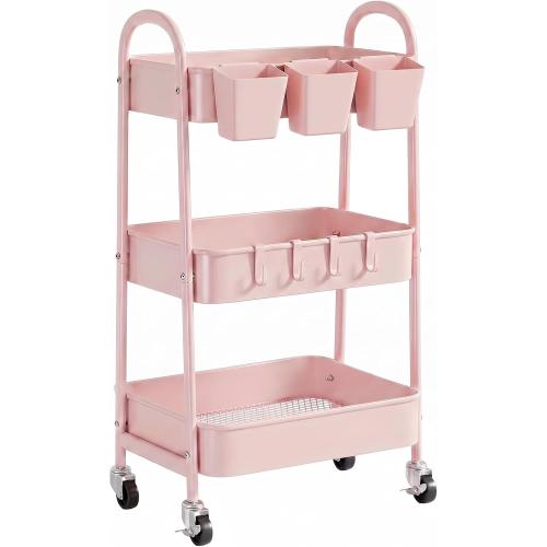 danpinera 3-Tier Rolling Cart, Utility Cart Mobile Metal Rolling Storage Cart with Lockable Wheels & Hanging Cups & Hooks for Kitchen, Bathroom, Office, Workshop, Pink