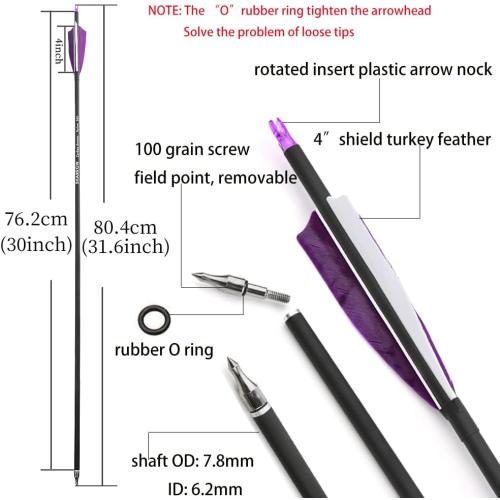 30 Inch Archery Carbon Arrows Hunting Arrows with 4” Turkey Feather Target Practice Arrows Spine 500 for Compound & Recurve &Traditional Bow 6/12pcs