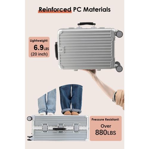 GREY 24-Inch Hardside Checked Luggage with Leather Handle, PC Zipperless Suitcase with Spinner Wheels and TSA Locks, Lightweight Checked Luggage for Travel, Silver