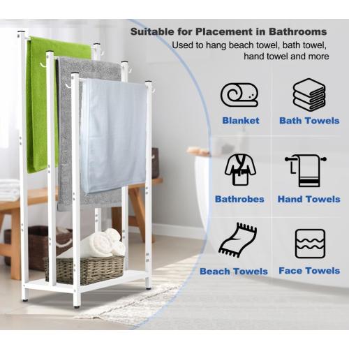 44 Inch Tall Free Standing Towel Rack with Metal Storage Shelf & 6 Hooks for Bathroom, 3 Tiers Heavy Duty Blanket Drying Stand Holder for Outdoor Pool, Bedroom, Living Room, White