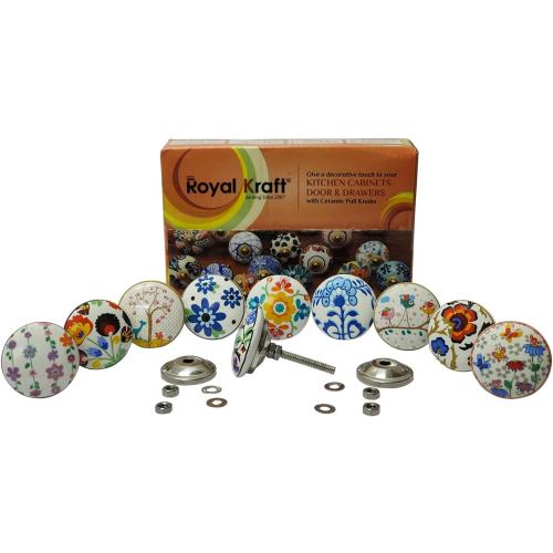 Royal Kraft Vintage Multicolor Printed Ceramic Pull Knobs for Kitchen Cabinet, Door & Drawer, Wardrobe, Cupboard (Set of 10) Sknob012