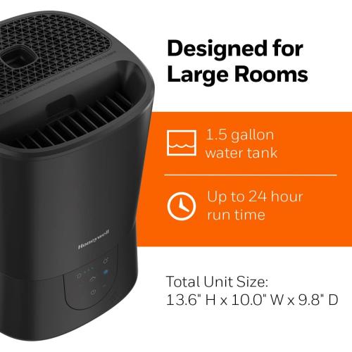 Honeywell Easy-to-Care Filter Free Warm Mist Humidifier, Medium Rooms, 1.5 Gallon Tank – Humidistat for Bedroom, Home or Office Black