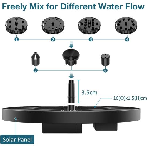 AISITIN Solar Bird Bath Fountain, Solar Fountain Pump for Bird Bath with 6 Nozzles, Solar Powered Water Pump for Garden, Ponds, Pool, Outdoor and Fish Tank, 1.5W-New, 2 Pack