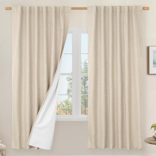 LAMIT 100% Blackout Natural Linen Curtains, 72 Inches Linen Textured Thermal Bedroom Curtains Back Tab and Rod Pocket Neutral Panels with White Liner for Farmhouse, 2 Panels, 52 x 72 Inch