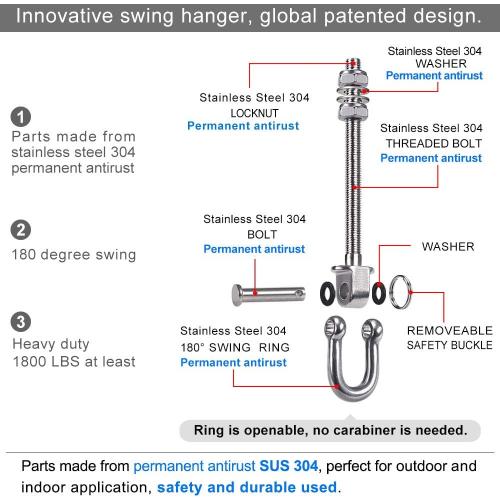 SELEWARE Set of 2 Heavy Duty Swing Hanger 1800LB Capacity, M10 x 9.3 Swing Bolts, Stainless Steel Swing Hooks for Wood and Steel Beam Yoga Hammock Chair Punching Bag Porch Swing Sets Seat