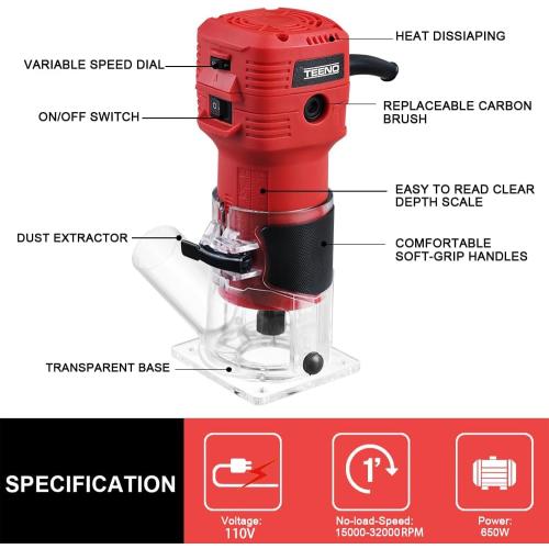 TEENO Wood Router, 650W Compact Router Tool for Woodworking, Hand Wood Trimmer with 12Pcs 1/4 Bits Set, 6 Speeds, Edge & Roller Guide, Portable Tool Box, Dust Hood