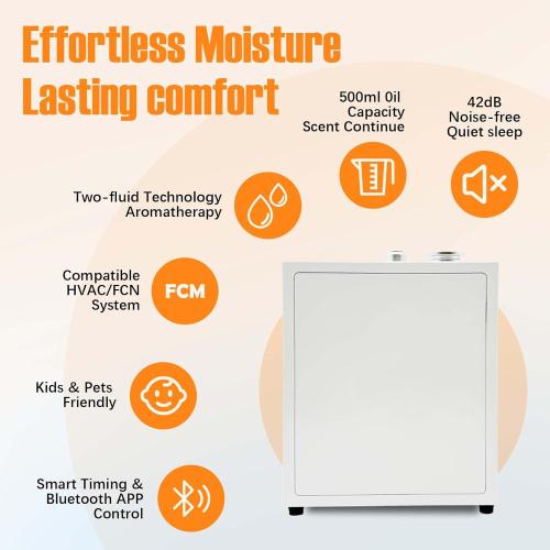 4000 Sq.Ft HVAC Smart Scent Diffuser for Home All-Metal Material. Suitable for Large residences, Hotels or Offices. Capacity 500 ml. Supports Bluetooth APP Control.