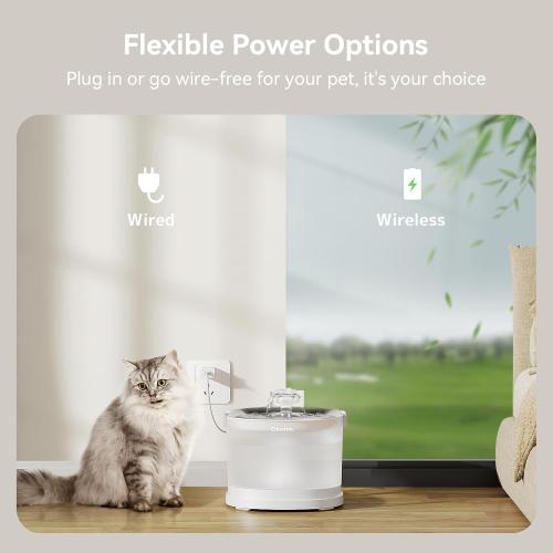 Cheerble Pumpless Cat Water Elfin Fountain, Wireless Pet Fountain Battery Operated, 2L/67oz E1  Automatic Water Dispenser Cats & Dogs MagDrive™ Technology Stainless Steel Tray, No Cleaning Hassle
