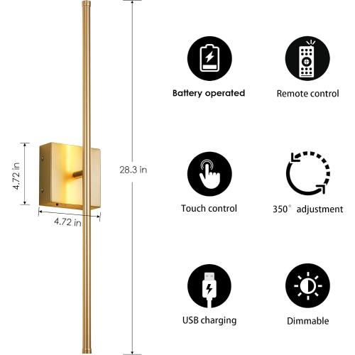 KARTOOSH Battery Operated Wall Sconces with Remote Control, Dimmable Wall Sconces Set of Two, 350°Rotate, 3000K LED Gold Wireless Wall Light for Living Room, Hallway, Bedroom, 28.3 Inch (2 Pack)