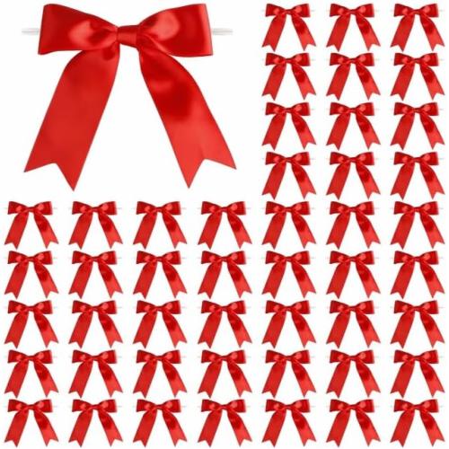 Set of 50 Pcs  Color red 5 Inches Twist Tie Satin Ribbon Bows Pretied Premade Craft Bows for Treat Bags Gift Wrapping Basket Wedding Baby Shower Brithday Christmas Party (Red)
