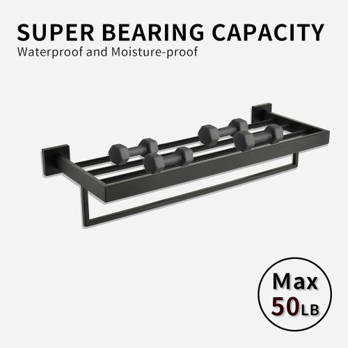 Black Towel Rack 24'' Bath Towel Shelf with Towel Bars SUS304 Matte Black Stainless Steel Wall Mounted，Modern Bathroom Storage Shelf
