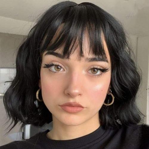 MISSQUEEN Short Wavy Black Wig with Bangs,Black Bob Hair Wigs for Women