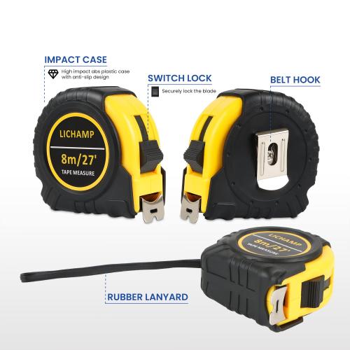 Lichamp 27FT/8M SAE and Metric Tape Measure 6 Pack, Retractable and Easy Read Measuring Tape Bulk Set, Min 1/8 inch Fraction and 1mm Scale