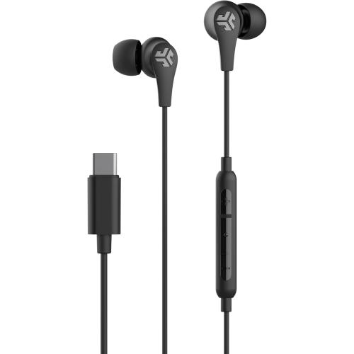JLab JBuds Pro Signature Wired Earbuds, USB-C Connection, Music Controls, Universal Mic, Custom Fit with Cush Fins, Black
