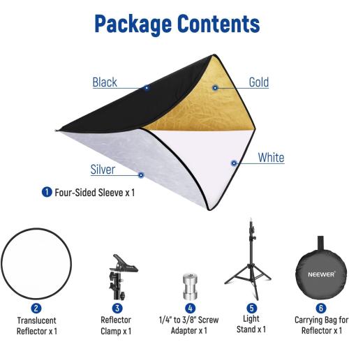 NEEWER 43/110cm Light Reflector Kit, 5 in 1 Collapsible Round Reflector (Translucent/Silver/Gold/White/Black), Metal Clamp and 21-43”/53-110cm Short Stand for Low Angle Studio Photography