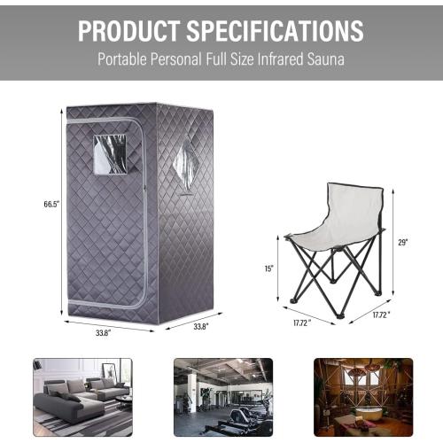 Full Size Portable Personal Infrared Sauna for Home, Personal Home Spa Tent with Remote Control, Heating Foot Pad, Foldable Reinforced Chair （Grey, L33.8 x W 33.8 x H 66.5