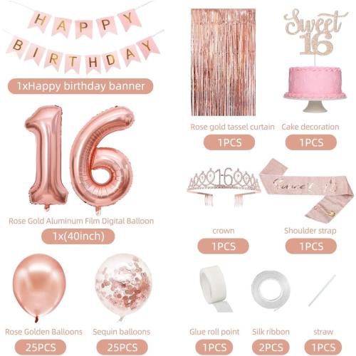Sweet 16 Party Decorations for Girls, Happy 16th Birthday Banner Cake Topper Balloons Sash and Tiara, Rose Gold 16 Birthday Party Supplies for Girls