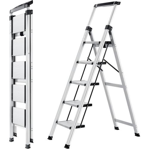 XinSunho 5 Step Ladder, Retractable Handgrip Folding Step Stool with Anti-Slip Wide Pedal, Aluminum Stool Ladders 5 Steps, 330lbs Safety Household Ladder