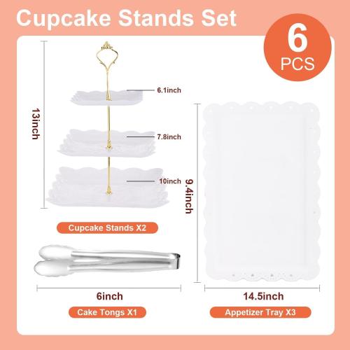 6 Pieces Cupcake Stand Set with 2 x 3 Tier Cupcake Stands, 3 x Appetizer Trays, 1x Tongs, Dessert Table Display Set for Wedding Birthday Baby Shower Tea Party (Square)