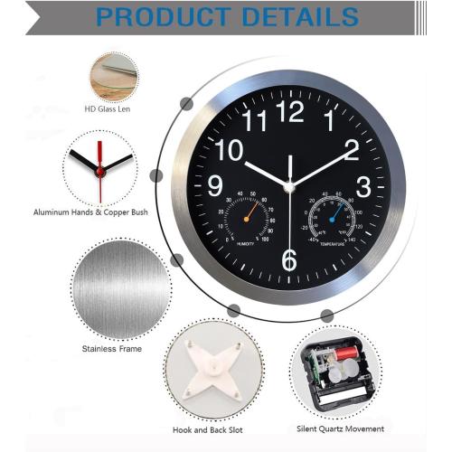 Non Ticking Silent Wall Clock, 10 Inch, Black, Quartz Analog, Battery Operated, with Thermometer and Hygrometer, Easy Installation