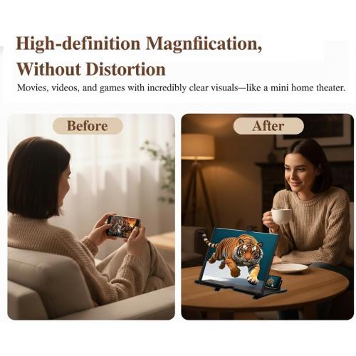 Screen Magnifier Version, 2026 New 3D HD Screen Magnifier for Cell Phone with Foldable Stand, Display Magnifier for Videos, Movies, Gaming, Travel and Home Use (Black, 12'')